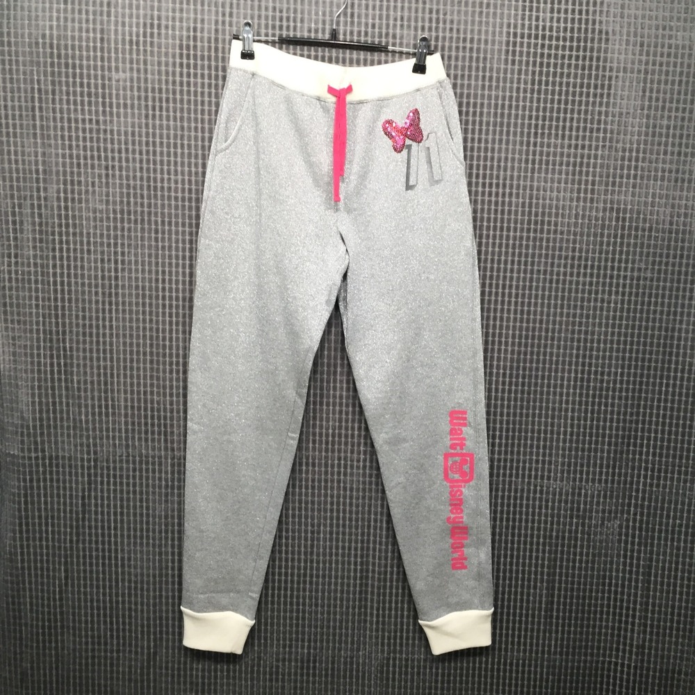 Disney Parks Walt Disney World Silver Sparkle Joggers Pink Sequin Bow Womens XL